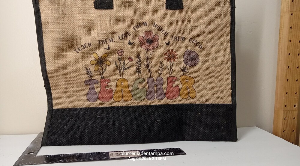 Teacher Appreciation Jute Tote Bag Burlap Floral Zippered Handbag 16x12"